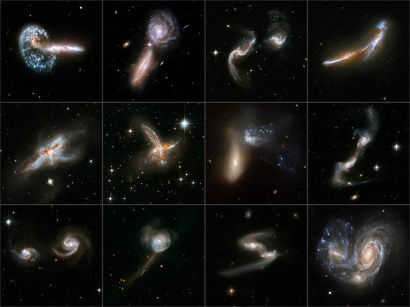 Examples of colliding galaxies in the universe.