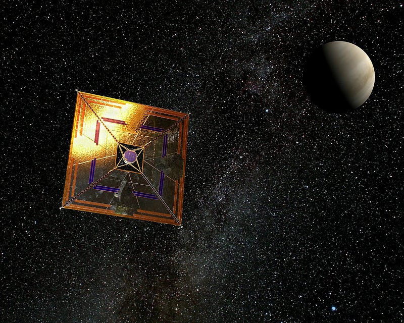 Conceptual illustration of the IKAROS probe near Venus.