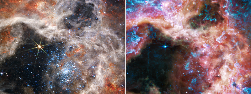 Comparison of Tarantula Nebula images taken by Webb