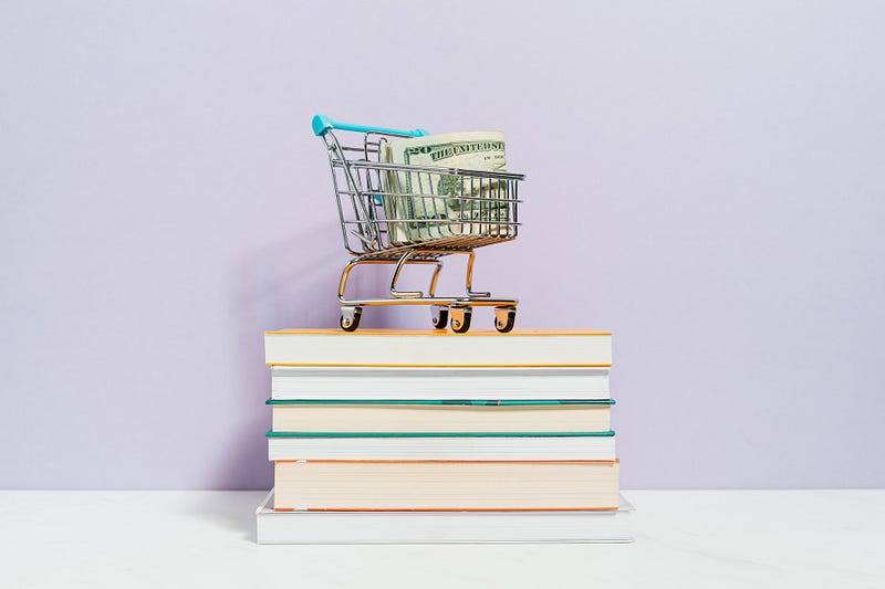 Shopping cart filled with books on a digital shelf.