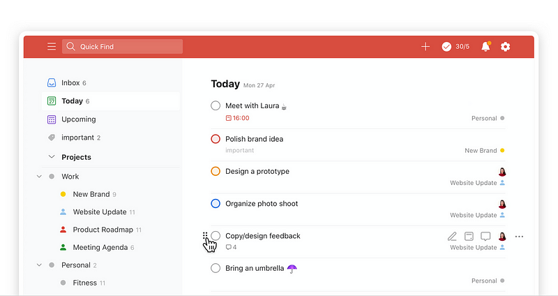 Today's view in Todoist showcasing daily tasks.