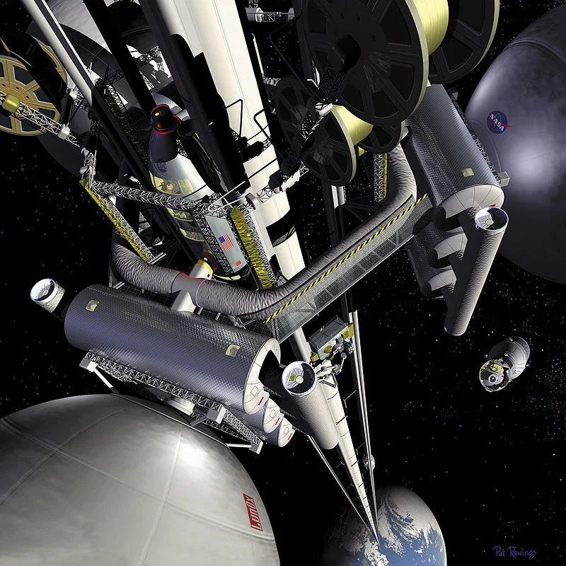 Artistic representation of a space elevator in orbit