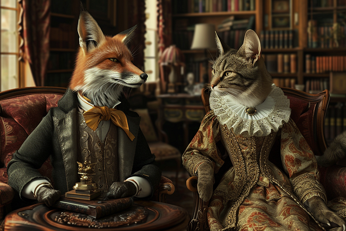 Fox dressed as a Victorian gentleman in a library.