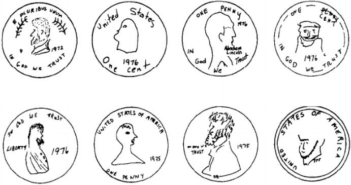 Drawings of a penny from memory